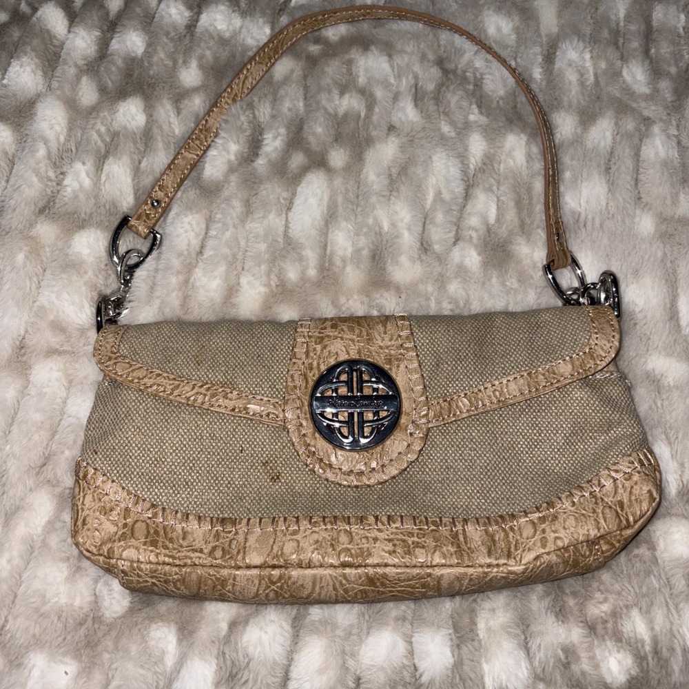 Kate Landry Y2K Style Shoulder Bag Woven Faux Snakeskin Trim Chrome Hardware